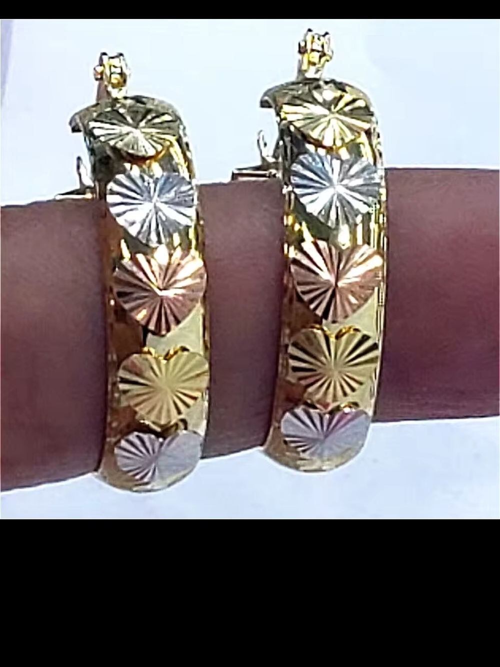 Tri-Tone Floral Pattern Hoop Earrings - Gold, Rose, Silver